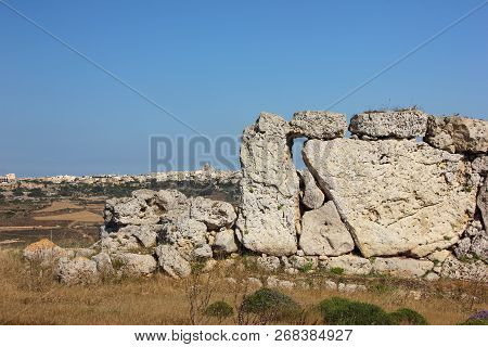 Big Stones Of Ggantija Temples And View Of Island Gozo, Malta In Sunny Day