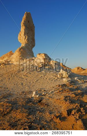 Beautiful Landscape With Abstract Nature Rock Formations In Western White Desert At Sunset, Sahara. 