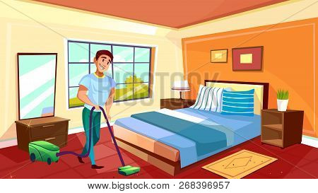 Man Cleaning Room Illustration Of Househusband Or College Boy With Vacuum Cleaner On Carpet. Clean H