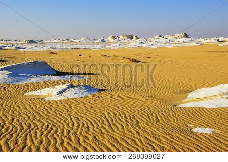 Beautiful Abstract Nature Rock Formations In Western White Desert At Sunrise, Sahara. Egypt