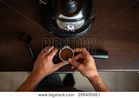 Photo Of Coffee Maker, Man Hand Pouring Coffee In Kitchen