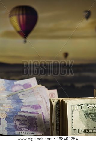 Savings Destined To Navigate Through Cappadocia. Colorful Hot Air Balloons Flying In The Clear Morni