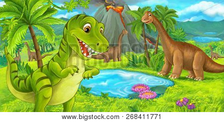 Cartoon Scene With Happy Dinosaur Tyrannosaurus Rex Near Erupting Volcano And Diplodocus - Illustrat