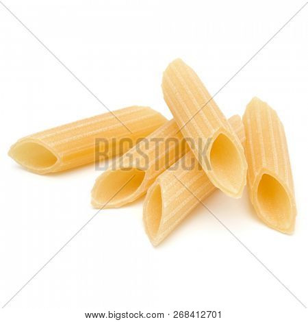 Italian pasta isolated on white background. Pennoni. Penne rigate.