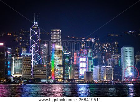 Hong Kong, August 2018. Night View Of Hong Kong City Skyscappers With Colourful Lights From Victoria