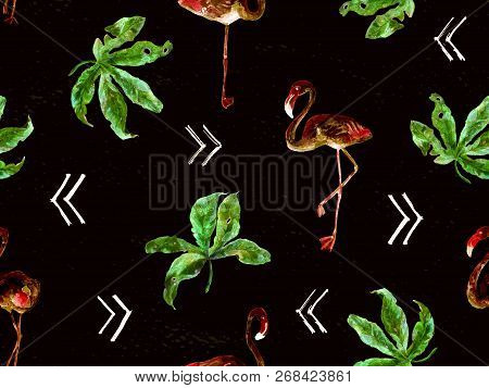 Large Flamingo Hipster Green Hawaiian Seamless Pattern. Spring Saturated Watercolor T-shirt Print. S