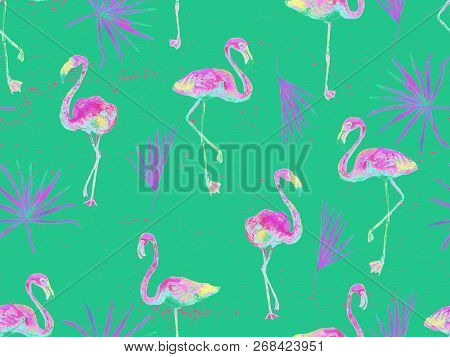 Large Flamingo Hipster Green Hawaiian Seamless Pattern. Summer Tropical Birds Watercolor Endless Pri
