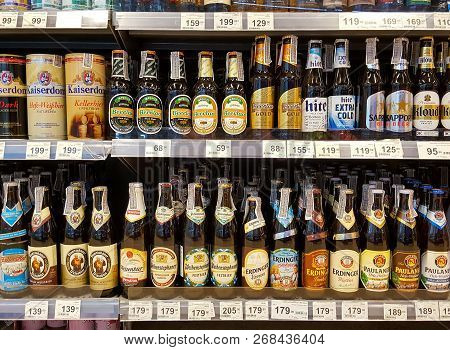 Bangkok Thailand - October 27: Beer Rack Many Brands On Supermarket Stand. Various Bottles And Cans 