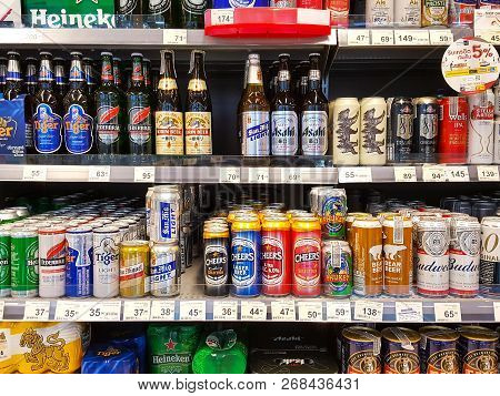 Bangkok Thailand - October 27: Beer Rack Many Brands On Supermarket Stand. Various Bottles And Cans 