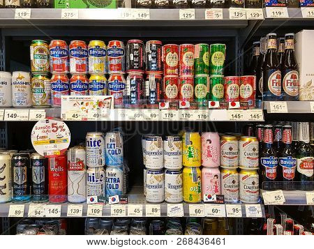 Bangkok Thailand - October 27: Beer Rack Many Brands On Supermarket Stand. Various Bottles And Cans 