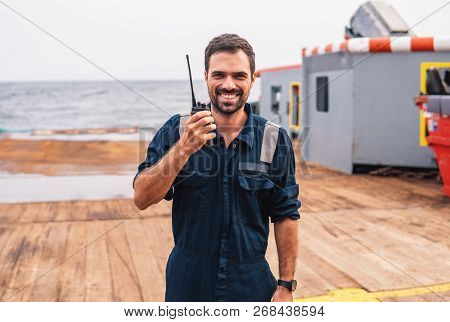 Marine Deck Officer Or Chief Mate On Deck Of Vessel Or Ship