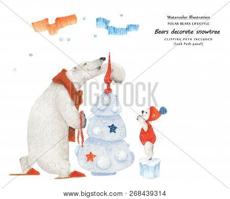 Cute Watercolor Illustration Father Ans Son Bears Decorate Christmas Tree. Isolated Clipping Path In