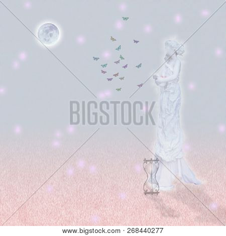Woman`s marble statue and butterflies. Glowing moon and hourglass. 3D rendering