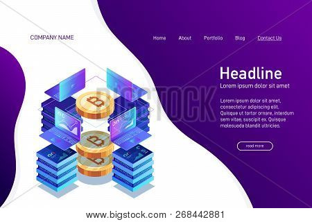 Concept Of Web Site Main Page, Landing Page With Isometry. Earning Cryptocurrency, Mining Bitcoin. L