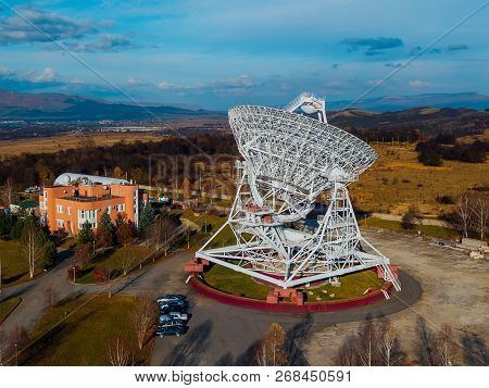 Radio Telescope Satellite Dish, Aerial View From Drone. Radio Astronomy Observatory Zelenchukskaya, 