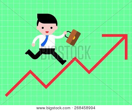 Business Man Run On Arrow Graph Up ,business Situation Concept, Flat Design Vector