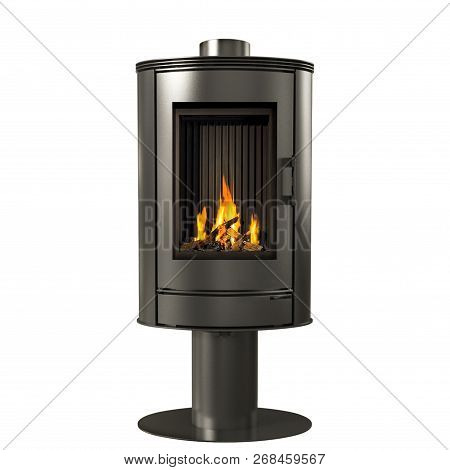 Modern Burning Fireplace Stove Isolated On White Background.