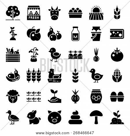 Organic Farming Products Icon, Such As Hen, Milk, Orange, Tomato, Honey, Sheep, Eggs, Solid Style