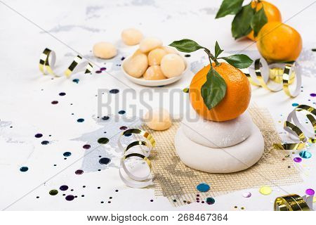 Traditional Japanese Kagami Mochi For New Year Celebration. Sweet Rice Cakes For Luck In New Year