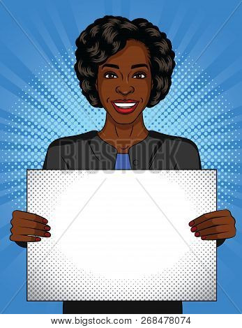 Vector Color Pop Art Style Illustration Of A Girl Holding A Poster. Dark-skinned Young Woman With A 