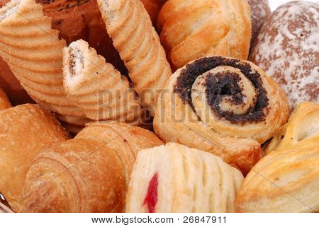 Closeup Hintergrund von verschiedenen Süße Brötchen und Kuchen