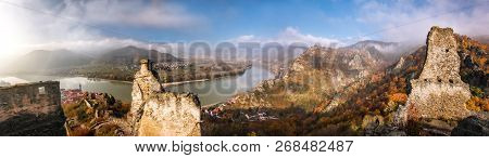 Panorama Of Duernstein Village With Castle During Autumn In Austria