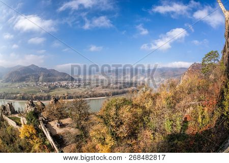 Panorama Of Duernstein Village With Castle During Autumn In Austria
