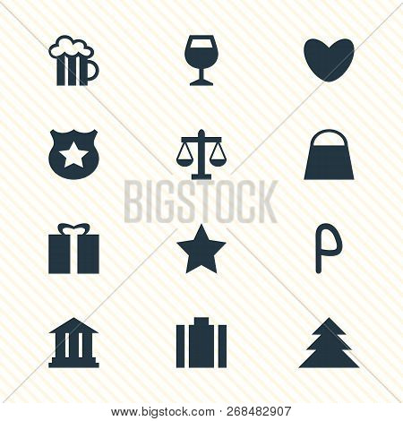 Vector Illustration Of 12 Location Icons. Editable Set Of Pub, Gift, Law And Other Icon Elements.