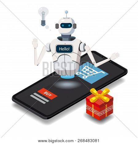 Isometric Science Chat Bot, Smartphone Concept. On Line Store, Shopping, Assistent, Sale, E-commerce