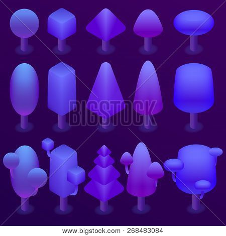3d Isometric Purple Plants, Ultra Violet Trees Collection. Nature Objects For Environment In Ultravi
