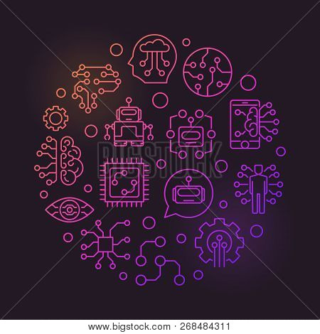 Future Round Vector Creative Illustration In Thin Line Style. Machine Learning, Ai And Innovation Ci