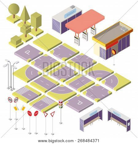 Set With Isometric Elements To Build Your Own City Map. Cityscape Constructor Isolated On Background