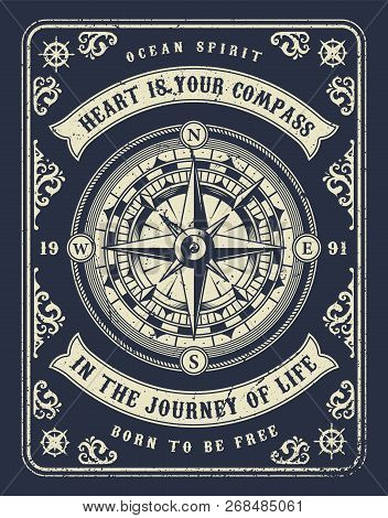 Vintage Nautical Concept With Navigational Compass Wind Rose And Inscriptions In Monochrome Style Ve