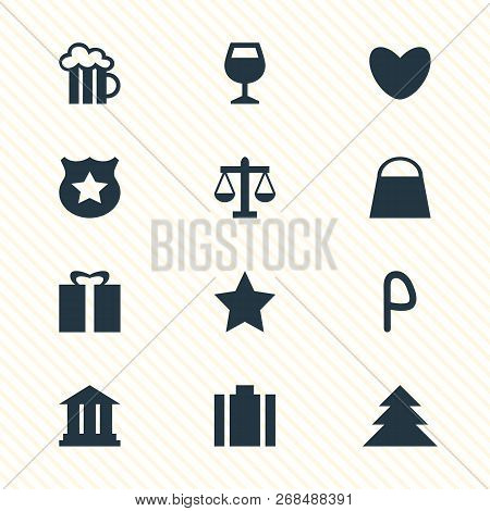 Illustration Of 12 Location Icons. Editable Set Of Pub, Gift, Law And Other Icon Elements.