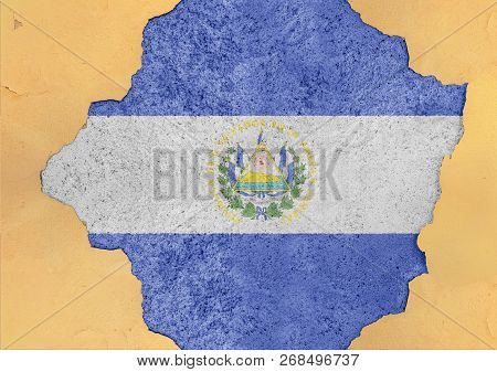 El Salvador Flag Abstract In Facade Structure Big Damaged Grudge Concrete Cracked Hole