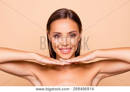 Close Up Portrait Of Charming Lovely Cute Sweet Gorgeous Lady With Her Naked Shoulders Look At Camer