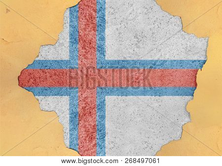 Faroe Islands Flag Abstract In Facade Structure Big Damaged Grudge Concrete Cracked Hole