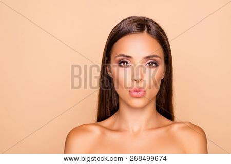Adorable Charming Brunette Hair Lady With Her Naked Shoulders She Send Kiss Look At Camera Isolated 