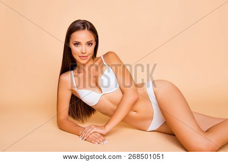Close Up Portrait Of Long Brunette Hair Gorgeous Attractive Sweet Lady She Lying On The Floor Isolat