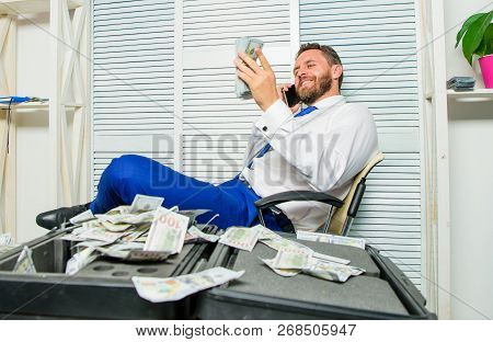 Blackmail And Money Extortion. Illegal Money Profit Concept. Successful Deal. Man Fraudster Speak Mo