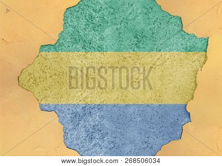 Gabon Flag In Big Concrete Cracked Hole And Broken Material Facade Structure