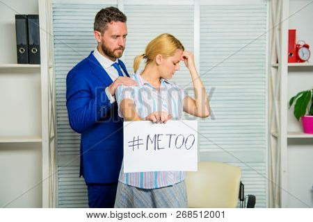 Girl Hold Poster Hashtag Me Too While Colleague Calm Down Her. Share Assault Story. Looking For Supp
