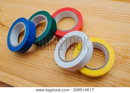 Color Rolls Of Gaffer Tape, Duct Tape, On A Wood Background