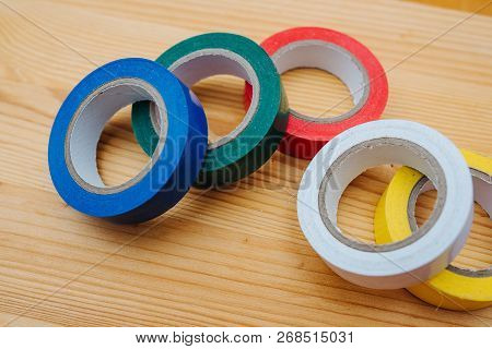 Color Rolls Of Gaffer Tape, Duct Tape, On A Wood Background