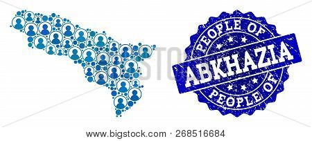 People Collage Of Blue Population Map Of Abkhazia And Rubber Seal Stamp. Vector Seal With Scratched 