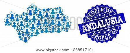 People Composition Of Blue Population Map Of Andalusia Province And Corroded Seal. Vector Seal With 