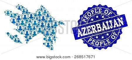 People Composition Of Blue Population Map Of Azerbaijan And Rubber Seal Stamp. Vector Seal With Corr