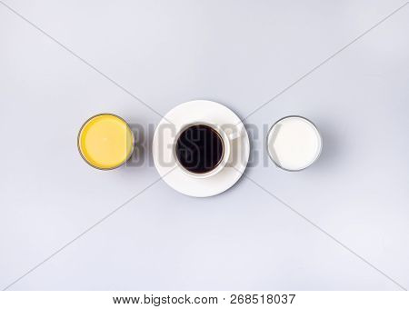 Group Useful Colorful Beverages Drink Coffee Orange Juice Milk Flat Lay Still Life Table Top View Bl