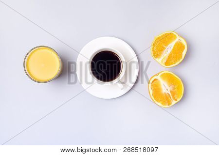 Group Useful Colorful Beverages Drink Coffee Orange Juice Ripe Oranges Flat Lay Still Life Table Top