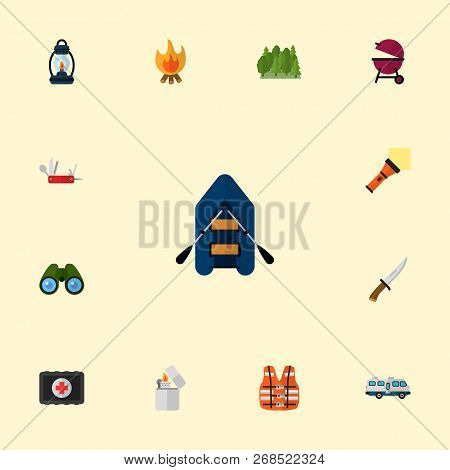 Set Of Encampment Icons Flat Style Symbols With Medicine Chest, Forest, Rubber Boat And Other Icons 